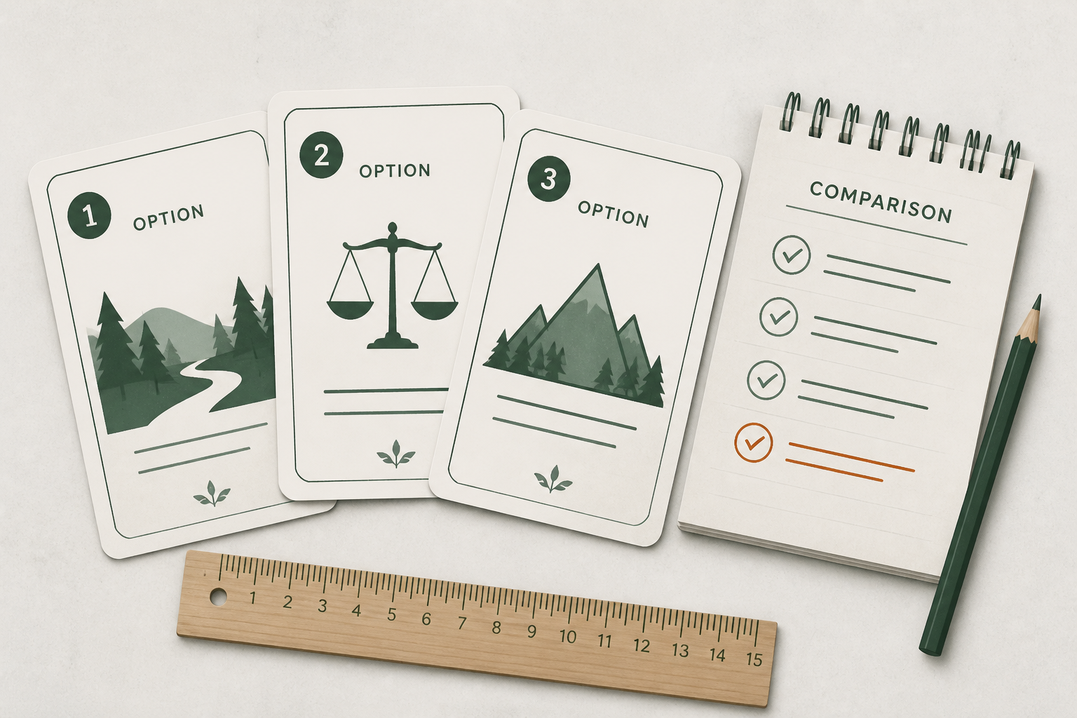 Notebook, ruler and stylised cards suggesting careful comparison