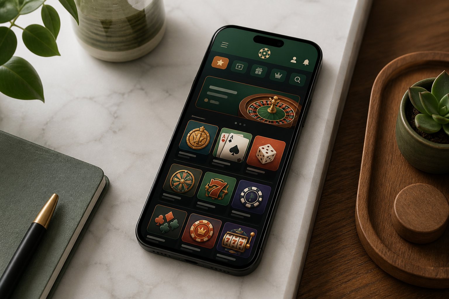 Stylised smartphone showing an abstract casino lobby layout